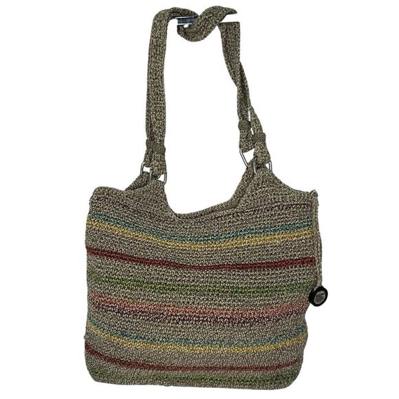 THE SAK Voyager Crochet Gray Stripped Belle Shoulder Tote Bohemian Medium Bag - Picture 1 of 12